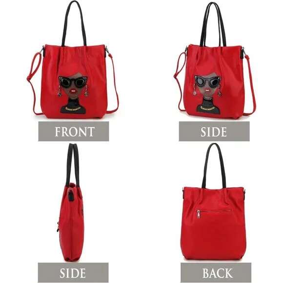 Women Novelty Lady Face Satchel Handbag Fashion Top Handle Tote Bag Red B